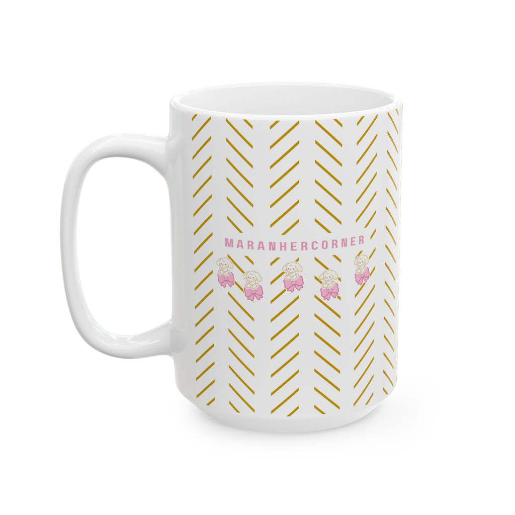 Gold Stripes Ceramic Mug - Cute Cozy Bears With Pink Bows (11oz & 15oz)