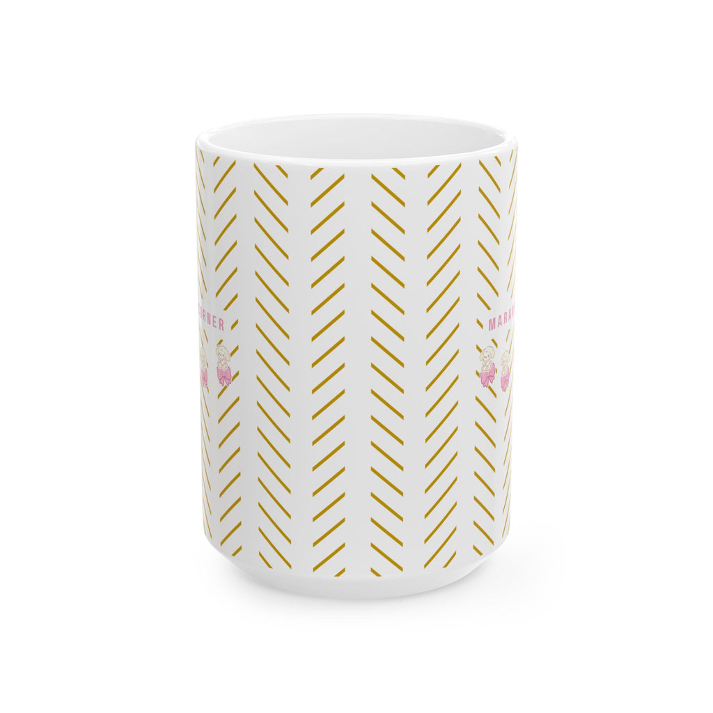 Gold Stripes Ceramic Mug - Cute Cozy Bears With Pink Bows (11oz & 15oz)