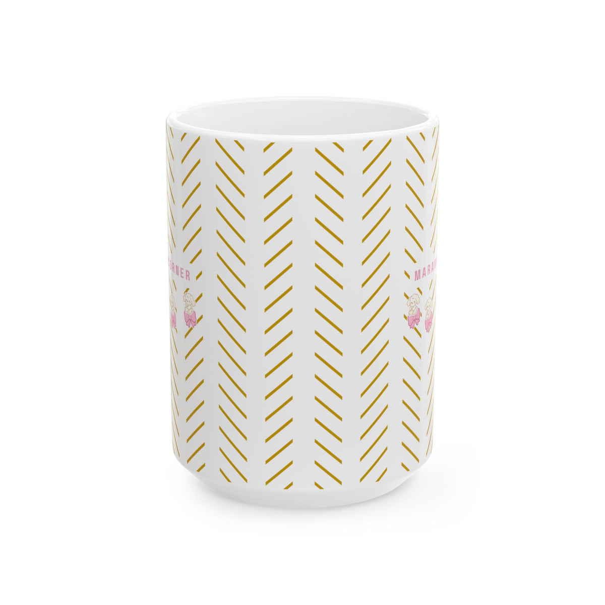 Gold Stripes Ceramic Mug - Cute Cozy Bears With Pink Bows (11oz & 15oz)