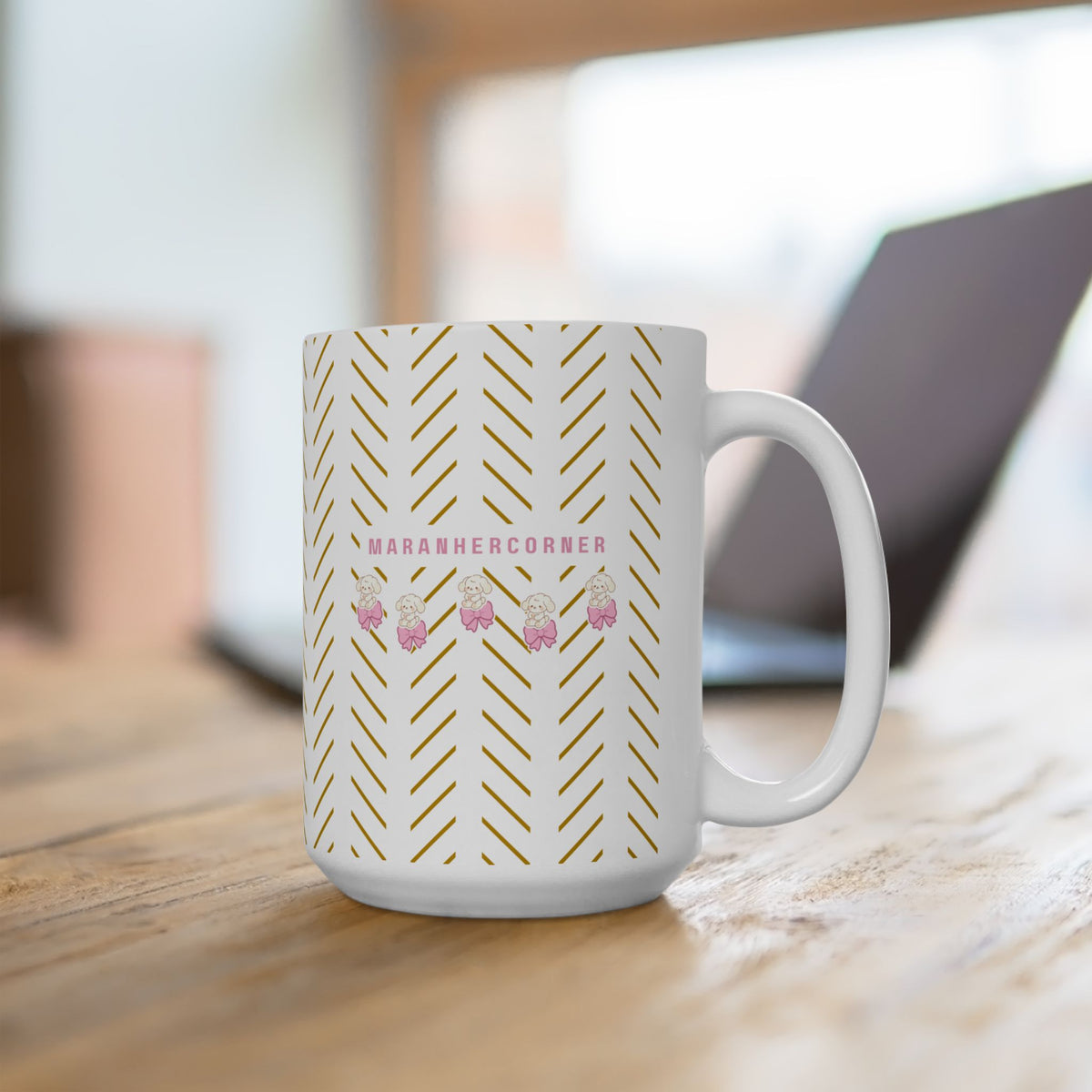 Gold Stripes Ceramic Mug - Cute Cozy Bears With Pink Bows (11oz & 15oz)