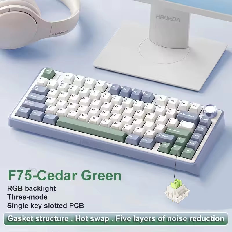 F75 2.4G Wireless, Bluetooth, and Wired Gaming Mechanical Keyboard with RGB Lighting, Customized 75% Layout, OEM Profile, and Gasket Structure